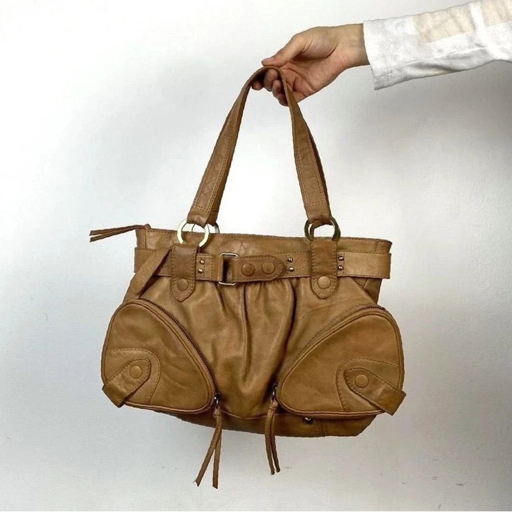 tan leather moon slouch buckle retro cargo pocket belted shoulder bag